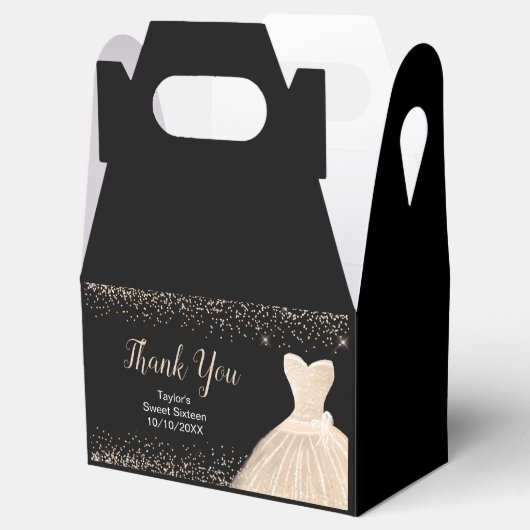 Champagne Dress Faux Glitter Sweet 16 Birthday Bedankdoosjes (Geopend)
