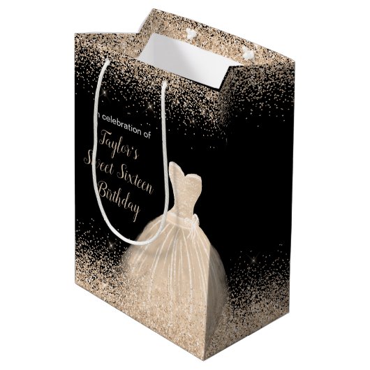 Champagne Dress Faux Glitter Sweet 16 Birthday Medium Cadeauzakje (Achterkant Gekanteld)