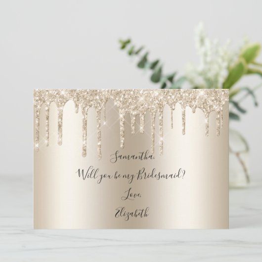 Champagne Drip Glitter word m'n Bridesmaid. Kaart (Staand voorkant)