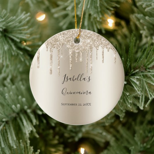 Champagne Dripping Glitter Elegant Quinceanera Keramisch Ornament (Boom)