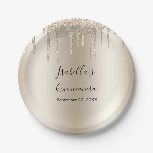 Champagne Dripping Glitter Elegant Quinceanera Papieren Bordje (Voorkant)
