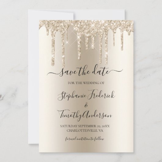 Champagne Dripping Glitter QR Code Weddenschap Save The Date (Voorkant)