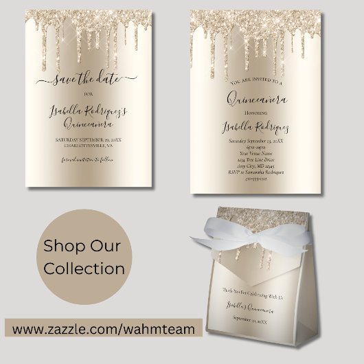 Champagne Dripping Glitter Quinceañera Save The Date