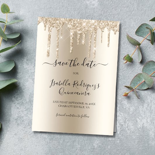 Champagne Dripping Glitter Quinceañera Save The Date