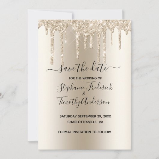 Champagne Dripping Glitter Trendy Glam Wedding Save The Date (Voorkant)