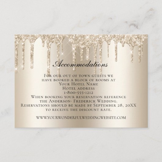 Champagne Dripping Glitter Wedding Accommodations Informatiekaartje (Voorkant)