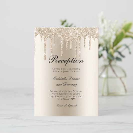 Champagne Dripping Glitter Wedding Reception Informatiekaartje (Staand voorkant)