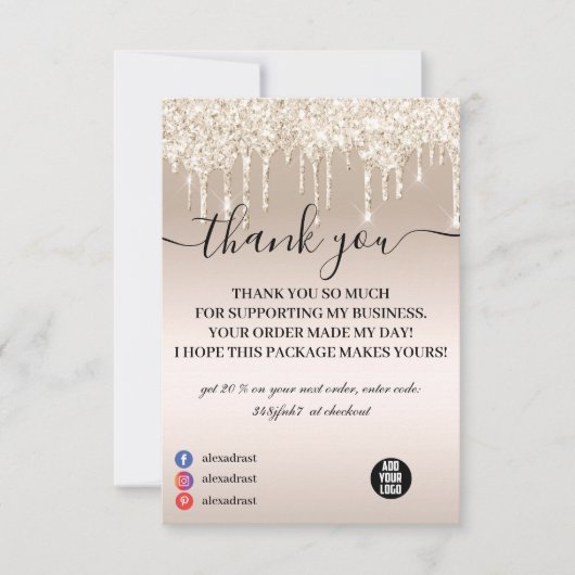 Champagne Driving Glitter Business Bedankkaart (Voorkant)