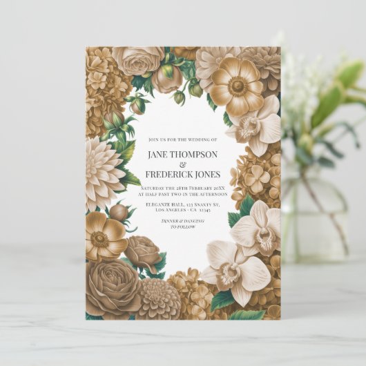 Champagne Dust, Golden Wheat & Mocha Linen Wedding Kaart (Staand voorkant)
