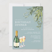 Champagne | Elegant Poeder Blauw Verjaardagsdiner Kaart (Voorkant)