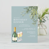 Champagne | Elegant Poeder Blauw Verjaardagsdiner Kaart (Staand voorkant)