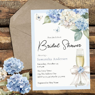 Champagne en blauwe hortensia bruidsborrel kaart