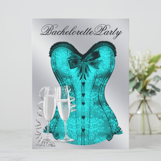 Champagne en Blauwgroen Blue Corset Bachelorette P Kaart (Staand voorkant)