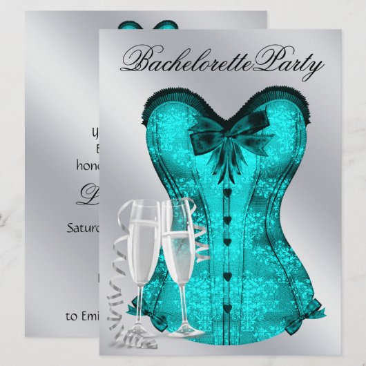 Champagne en Blauwgroen Blue Corset Bachelorette P Kaart (Voorkant / Achterkant)