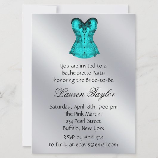 Champagne en Blauwgroen Blue Corset Bachelorette P Kaart (Achterkant)