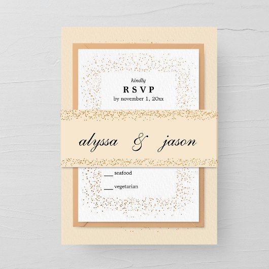 Champagne en Brons Confetti Bursts Bruiloft Uitnodigingen Wikkel