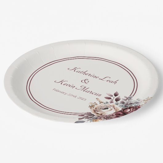 Champagne en Burgandy Bloemen Bruiloft Papieren Bordje (Gekanteld)