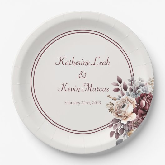 Champagne en Burgandy Bloemen Bruiloft Papieren Bordje (Voorkant)