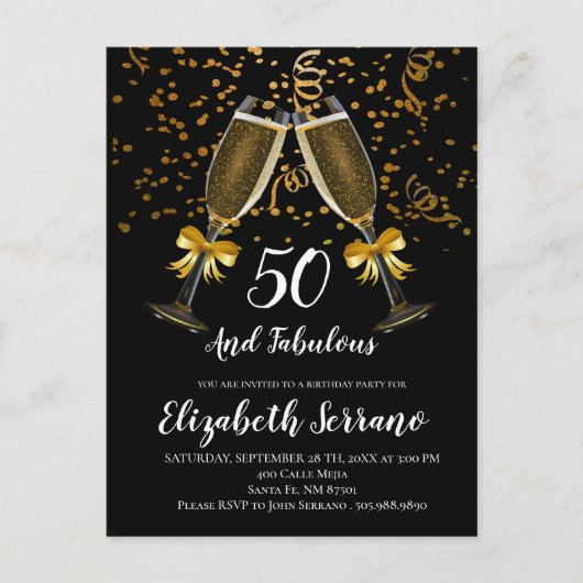 Champagne en Confetti Black Gold 50e verjaardag Briefkaart (Voorkant)