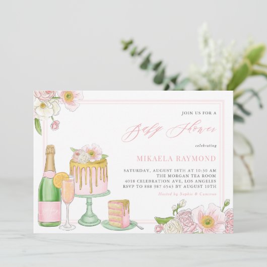 Champagne en Drip Cake Floral Baby shower Kaart (Staand voorkant)