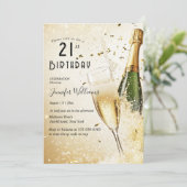 Champagne en glas 21ste verjaardagsfeest kaart (Staand voorkant)