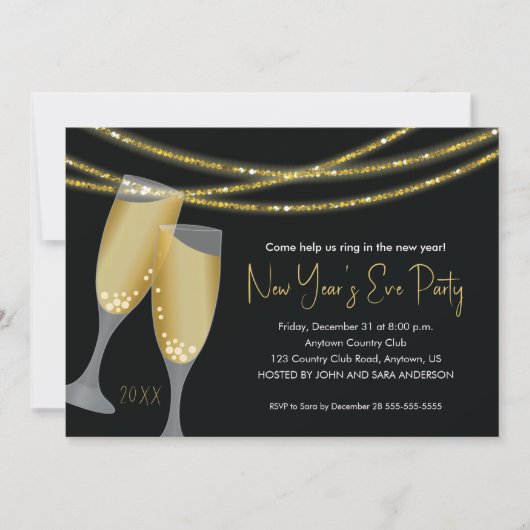 Champagne en Glitter Strings | Eve-partij nieuwjaa Kaart (Voorkant)