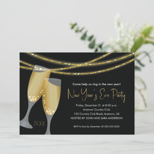 Champagne en Glitter Strings | Eve-partij nieuwjaa Kaart (Staand voorkant)
