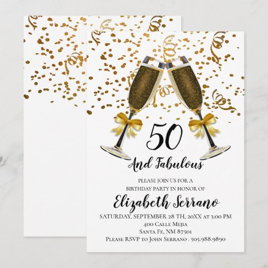 Champagne en Gold Confetti White 50e verjaardag Kaart (Voorkant / Achterkant)