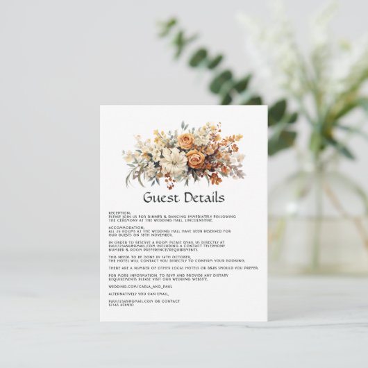 Champagne en Ivoor Bloemen Bruiloft Gast Details Informatiekaartje (Staand voorkant)