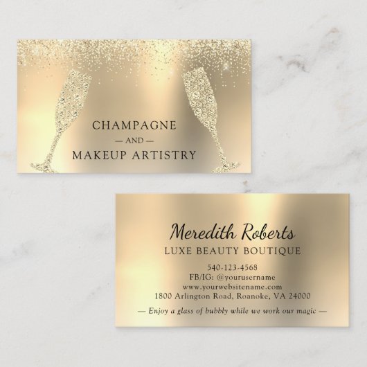 Champagne en Makeup Gold Foil Glitter Visitekaartje (Voorkant / Achterkant)
