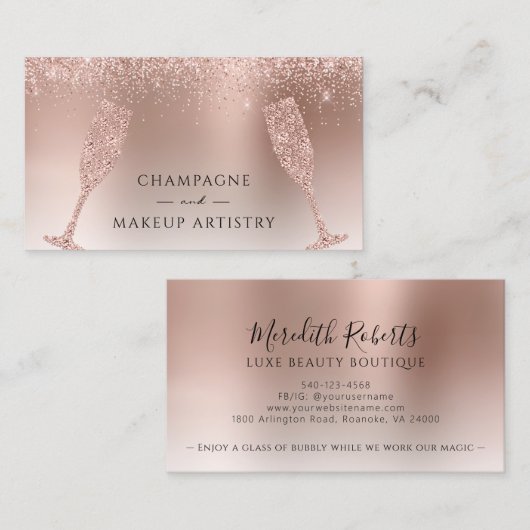 Champagne en Makeup Roos Gold Foil Glitter Visitekaartje (Voorkant / Achterkant)