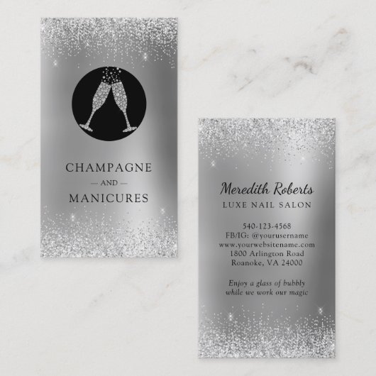 Champagne en Manicures Silver Foil Glitter Visitekaartje (Voorkant / Achterkant)