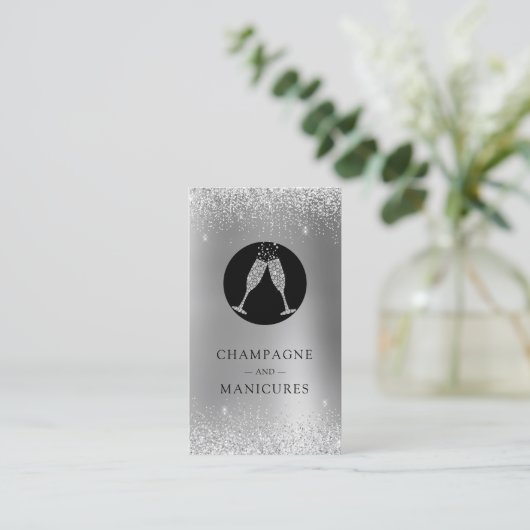 Champagne en Manicures Silver Foil Glitter Visitekaartje (Staand voorkant)