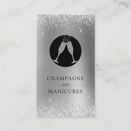 Champagne en Manicures Silver Foil Glitter Visitekaartje (Voorkant)