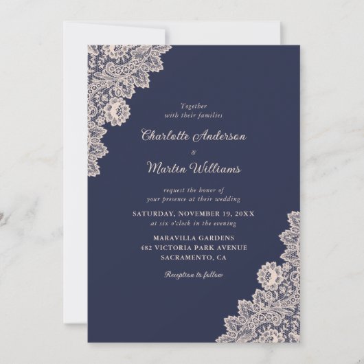 Champagne en Navy Blue Lace Wedding Invitations Kaart (Voorkant)