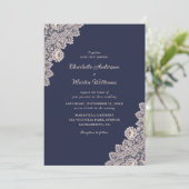 Champagne en Navy Blue Lace Wedding Invitations Kaart (Staand voorkant)