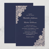 Champagne en Navy Blue Lace Wedding Invitations Kaart (Voorkant / Achterkant)