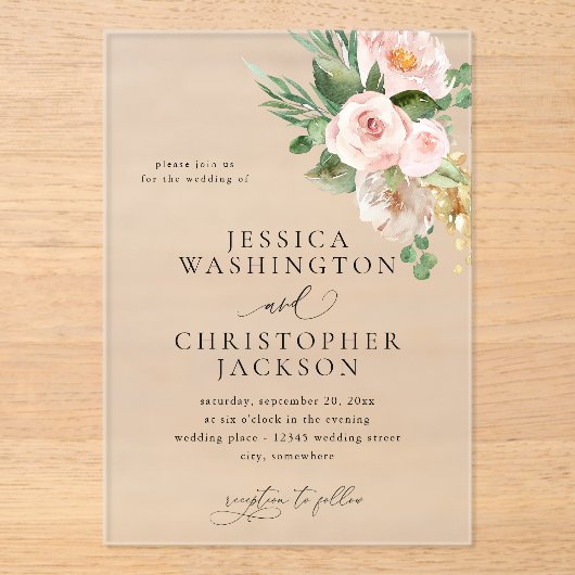 Champagne en roze Floral Wedding Acryl Uitnodigingen (Voorkant)