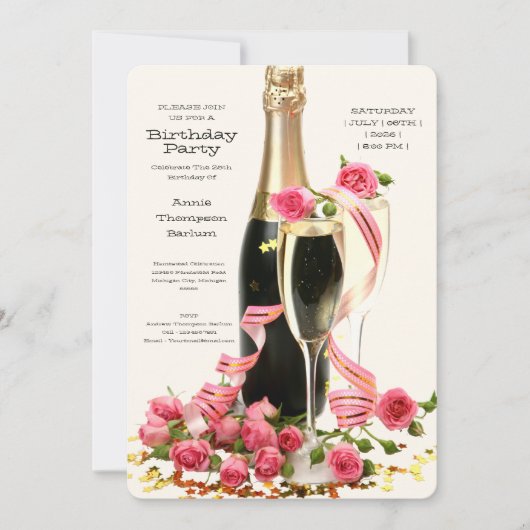Champagne en Rozen Birthday Invitation Kaart (Voorkant)