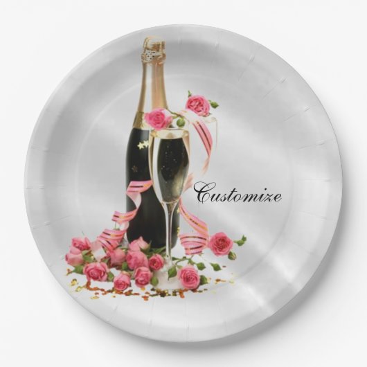 Champagne en Rozen Borden van de witte vlek Papieren Bordje (Voorkant)