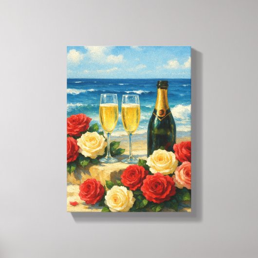 Champagne en Rozen op romantisch strand Canvas Afdruk (Voorkant)
