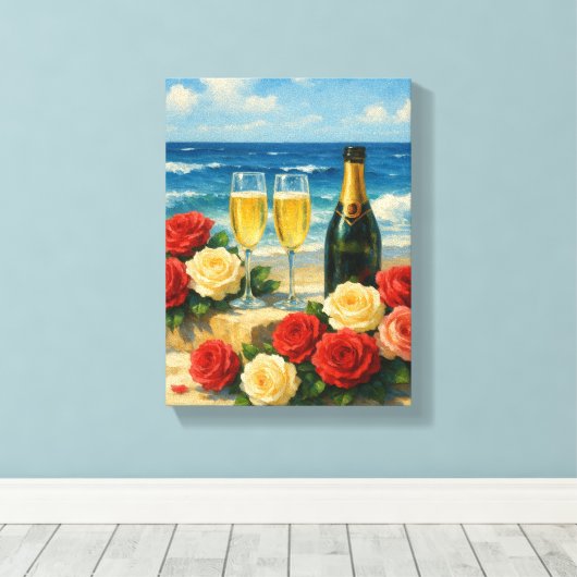 Champagne en Rozen op romantisch strand Canvas Afdruk (Insitu (Houten vloer))