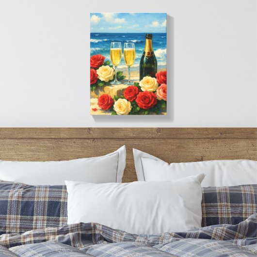 Champagne en Rozen op romantisch strand Canvas Afdruk (Insitu (Slaapkamer))