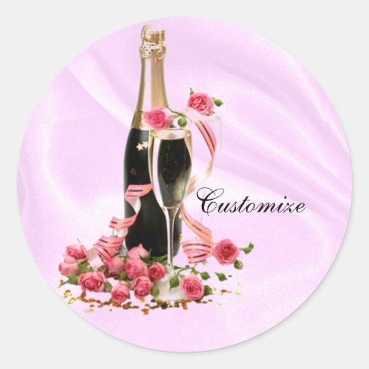 Champagne en Rozen roze satijnsktickers Ronde Sticker (Voorkant)