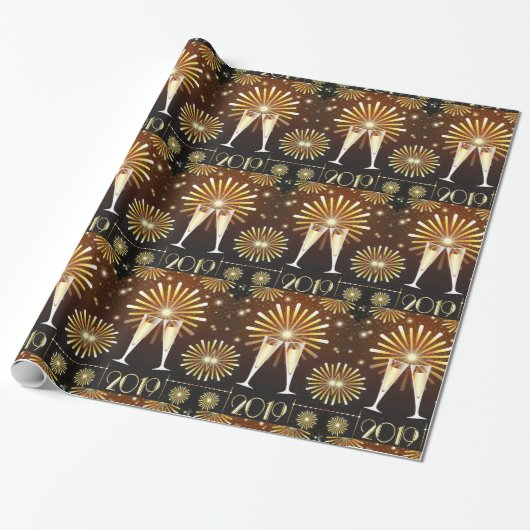Champagne en vuurwerk New Years Eve 2019 Patroon Cadeaupapier (Uitgerold)