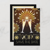 Champagne en vuurwerk New Years Save the Date (Voorkant / Achterkant)