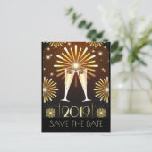 Champagne en vuurwerk New Years Save the Date Briefkaart (Staand voorkant)