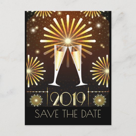 Champagne en vuurwerk New Years Save the Date Briefkaart (Voorkant)
