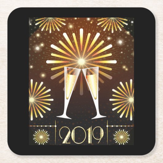 Champagne en vuurwerk - nieuwjaarsjaar 2019 kartonnen onderzetters (Voorkant)