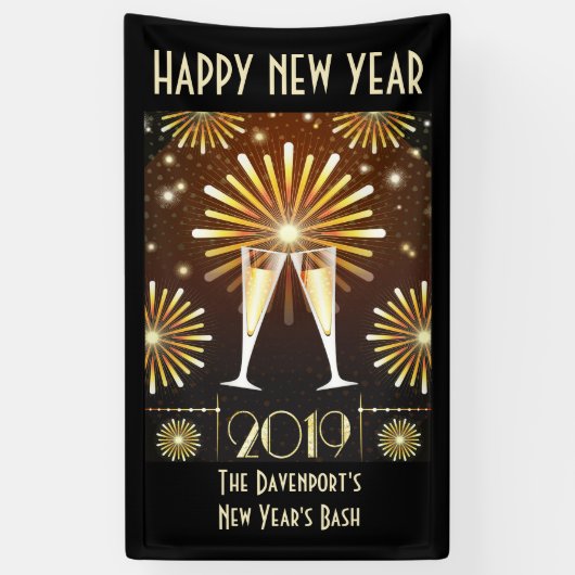 Champagne en vuurwerk - nieuwjaarsjaar 2019 spandoek (Verticaal)